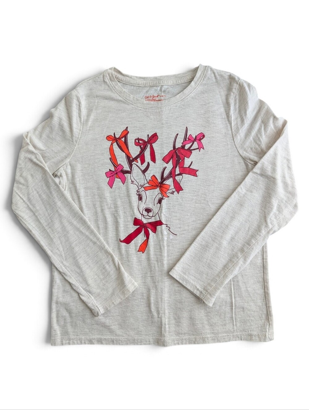 Cat & Jack Girls Cream /Gray  Long-Sleeve Tee with Pink & Red Reindeer Sz S 6/7